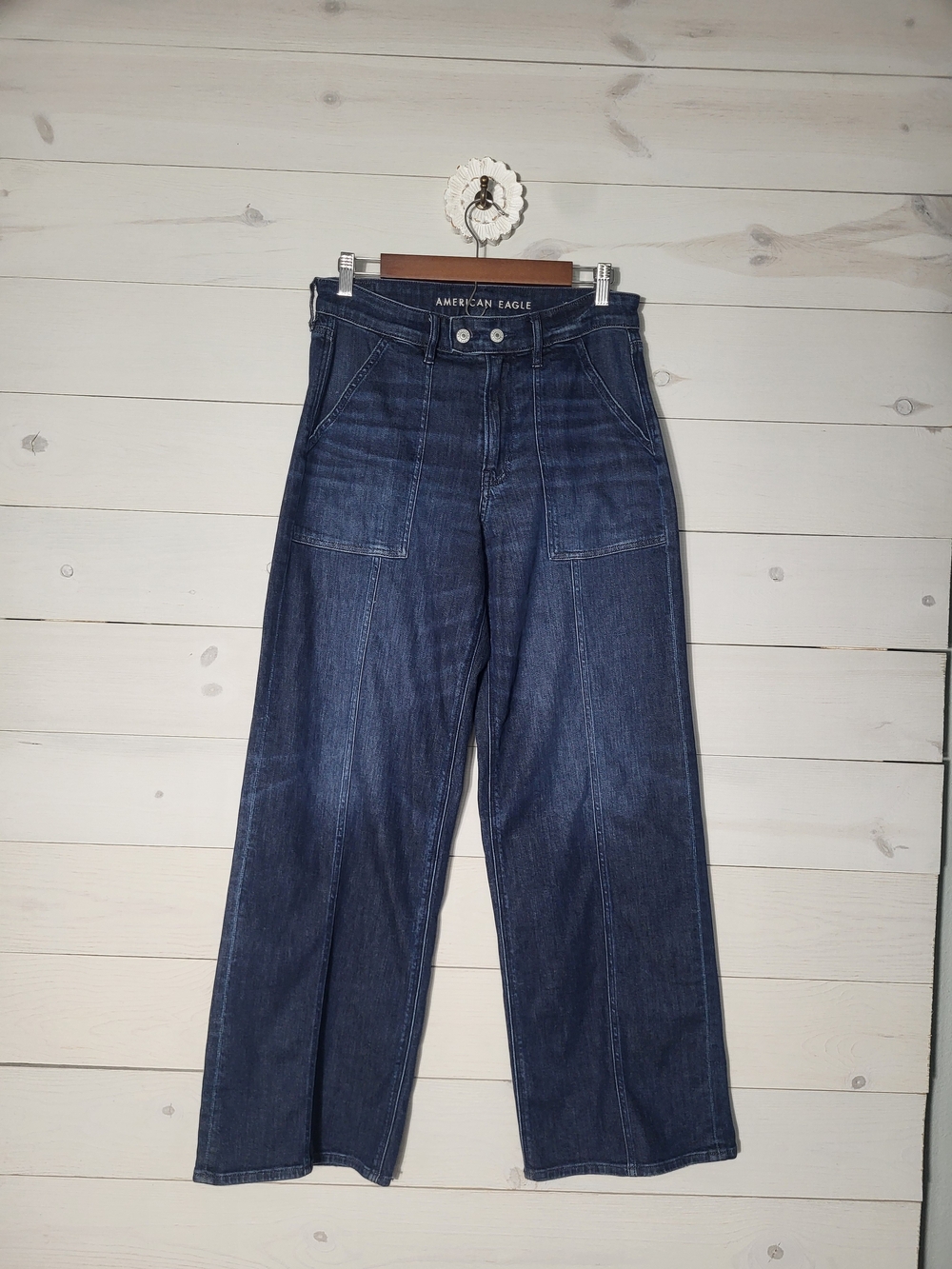 American Eagle Outfitters Jeans Baggy Wide-Leg Dark Blue Cotton Denim High Rise.